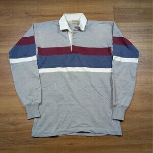 Vintage LL Bean Rugby Shirt Men M Gray Striped Heavy Cotton Polo 90s Made in USA